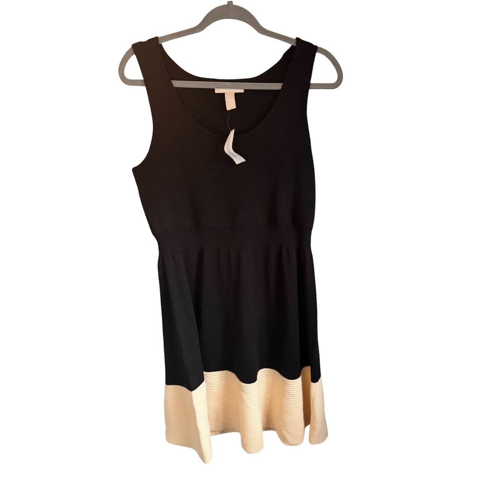 Banana Republic Extra Fine Merino Wool Sweater Dress Black Cream Colorblock L